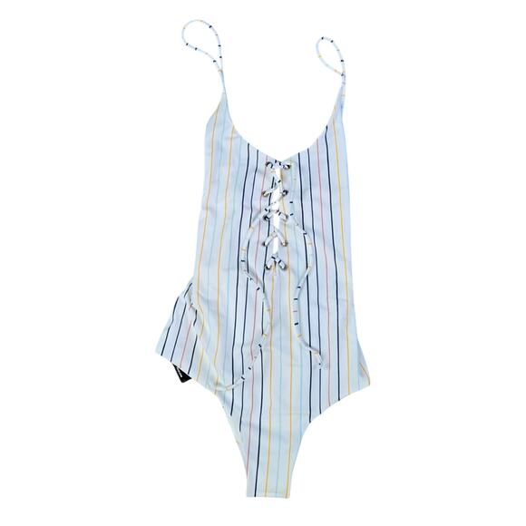Tavik White Colorful Striped Retro Lace Up Monahan One Piece Swimsuit Size Small - Picture 8 of 8